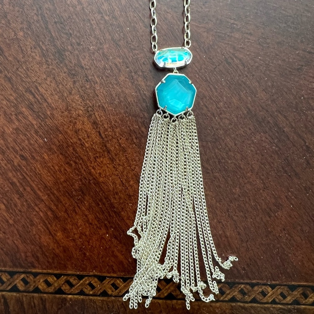 NWT Kendra Scott Tae Long Necklace Turquoise+Iridescent Stones Gold Tone Chain - Picture 8 of 8